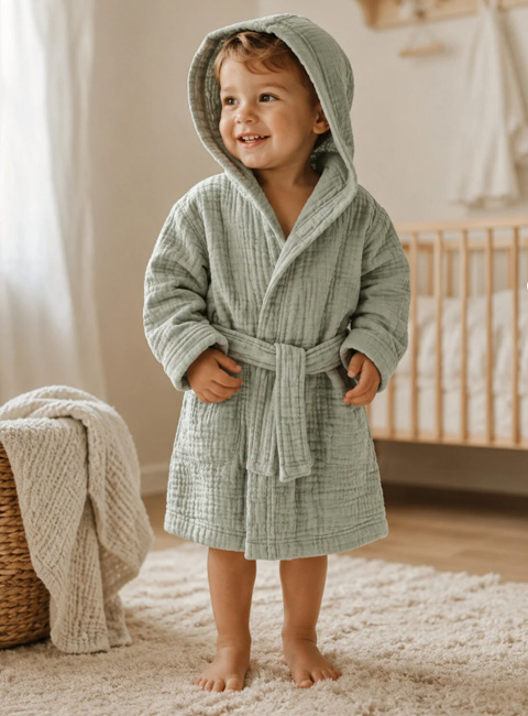 Soule Baby Organik 4 Kat Müslin 1-2 Yaş Çocuk Bornozu %100 Pamuk Kapüşonlu Yumuşak Bebek & Çocuk