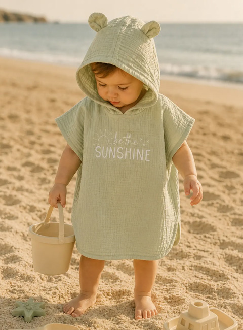 Soule Baby Organik Müslin Panço Havlu – Sunshine Nakışlı Somon Çocuk & Bebek Plaj Pançosu