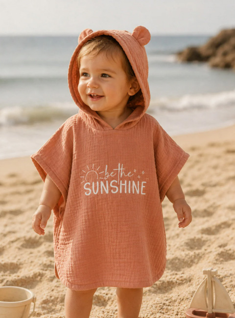 Soule Baby Organik Müslin Panço Havlu – Sunshine Nakışlı Somon Çocuk & Bebek Plaj Pançosu