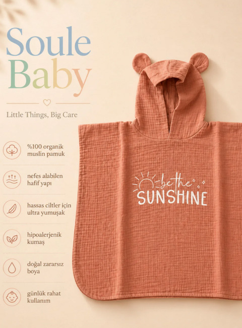 Soule Baby Organik Müslin Panço Havlu – Sunshine Nakışlı Somon Çocuk & Bebek Plaj Pançosu