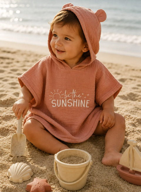 Soule Baby Organik Müslin Panço Havlu – Sunshine Nakışlı Somon Çocuk & Bebek Plaj Pançosu