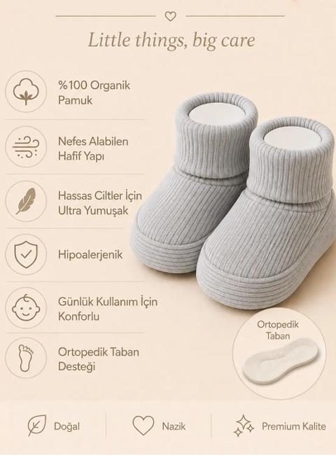 Soule Baby Organik Pamuklu Ortopedik Tabanlı Yenidoğan Bebek Patik – Soft Grey Premium Bebek