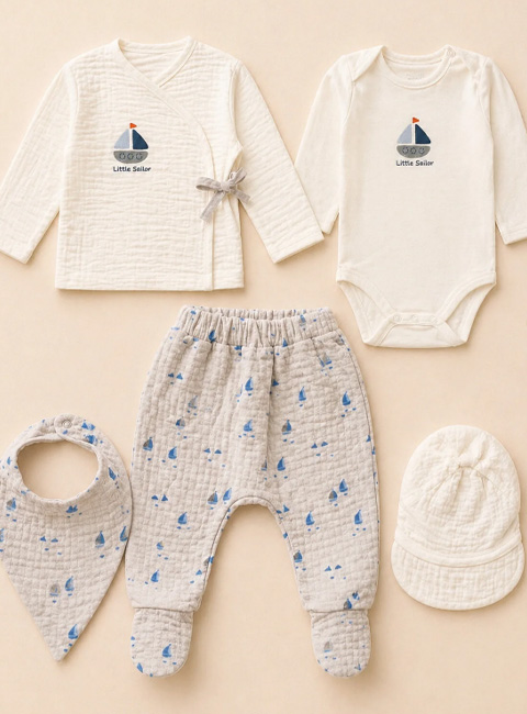 Soule Baby Little Sailor 5’li Organik Müslin Bebek Yeni Doğan Seti, Hastane Çıkışı – %100 Pamuk, Nefes Alan, Ultra Yumuşak Bebek Seti