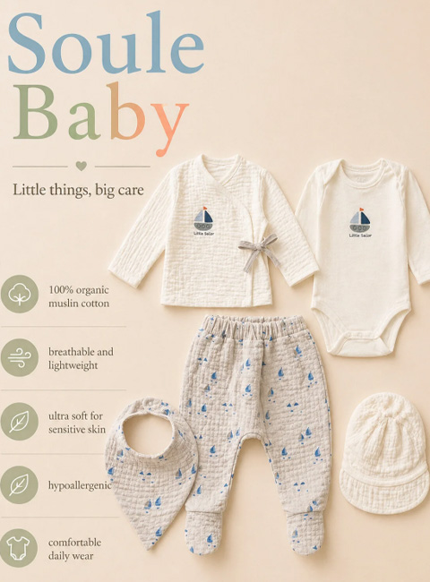 Soule Baby Little Sailor 5’li Organik Müslin Bebek Yeni Doğan Seti, Hastane Çıkışı – %100 Pamuk, Nefes Alan, Ultra Yumuşak Bebek Seti