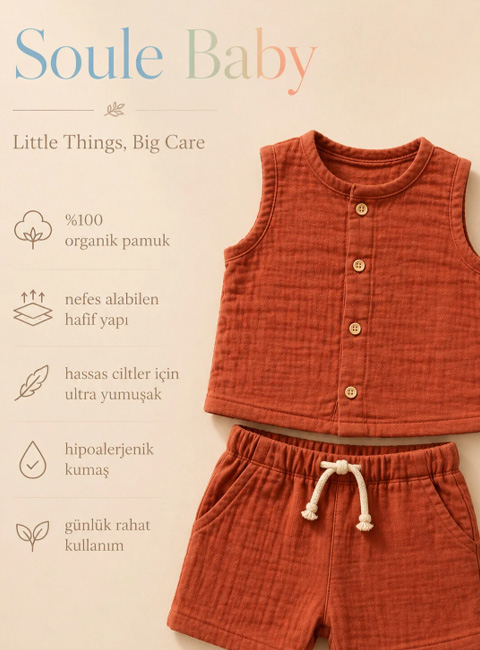 Soule Baby Terracotta Organik Müslin Bebek Takımı – Premium Yazlık 2’li Şortlu Takım