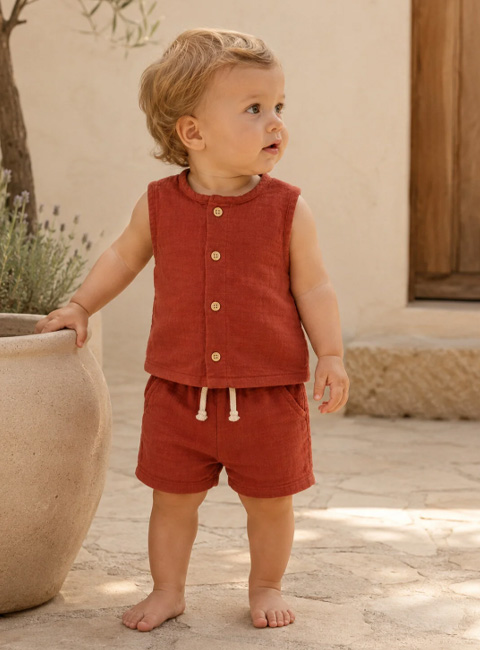 Soule Baby Terracotta Organik Müslin Bebek Takımı – Premium Yazlık 2’li Şortlu Takım