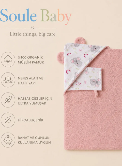 Soule Baby Organik Pamuk Kapüşonlu Bebek Havlusu ve Müslin Banyo Keseli 2'li Set – Çift Taraflı Banyo Havlusu Kundak