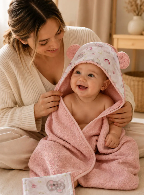 Soule Baby Organik Pamuk Kapüşonlu Bebek Havlusu ve Müslin Banyo Keseli 2'li Set – Çift Taraflı Banyo Havlusu Kundak