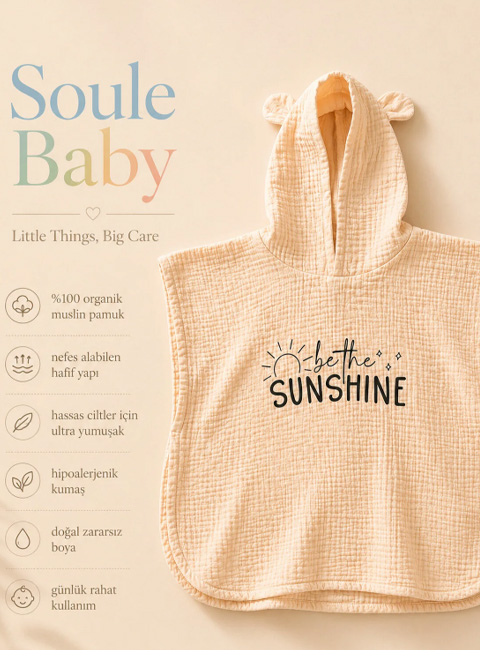 Soule Baby Organik Müslin Panço Havlu – Sunshine Nakışlı Somon Çocuk & Bebek Plaj Pançosu