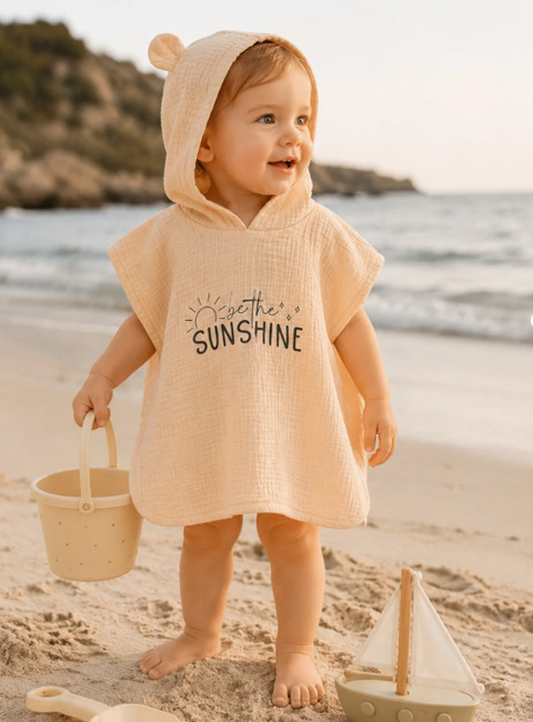 Soule Baby Organik Müslin Panço Havlu – Sunshine Nakışlı Somon Çocuk & Bebek Plaj Pançosu