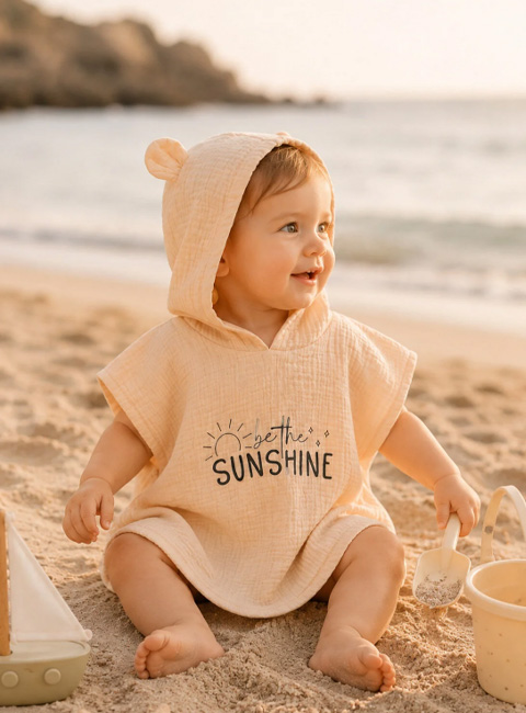 Soule Baby Organik Müslin Panço Havlu – Sunshine Nakışlı Somon Çocuk & Bebek Plaj Pançosu