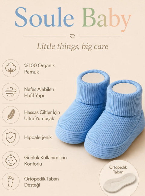 Soule Baby Organik Pamuklu Ortopedik Tabanlı Yenidoğan Bebek Patik – Soft Blue Premium Bebek Patik