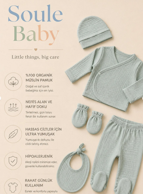 Soule Baby Premium %100 Pamuk Organik Müslin Nefes Alan 5’li Bebek Seti – Soft Mint