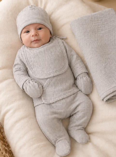 Soule Baby 7’li Organik Müslin Yenidoğan Hastane Çıkışı Seti – %100 Pamuk, Nefes Alan, Ultra Yumuşak Bebek Seti (0-3 Ay, Gri)