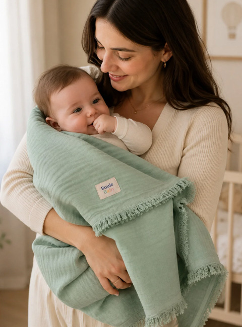 Soule Baby 4 Katlı Premium Organik Müslin Bebek Battaniyesi 100x115 cm Mint Yeşil Püsküllü Örtü