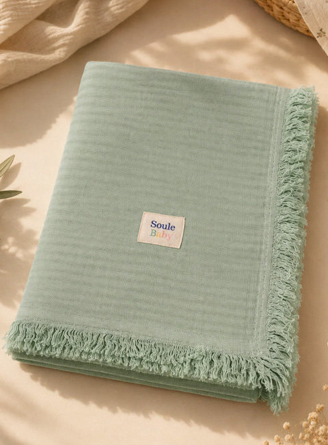 Soule Baby 4 Katlı Premium Organik Müslin Bebek Battaniyesi 100x115 cm Mint Yeşil Püsküllü Örtü