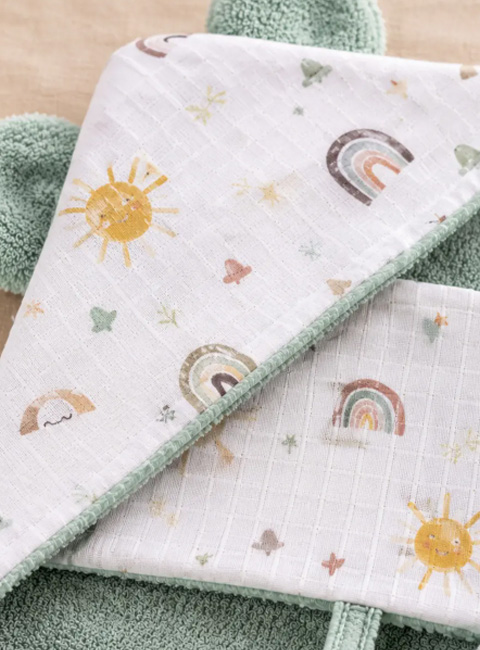 Soule Baby Organik Pamuk Kapüşonlu Bebek Havlusu ve Müslin Banyo Keseli 2'li Set – Çift Taraflı Banyo Havlusu Kundak