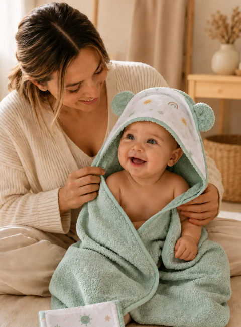 Soule Baby Organik Pamuk Kapüşonlu Bebek Havlusu ve Müslin Banyo Keseli 2'li Set – Çift Taraflı Banyo Havlusu Kundak