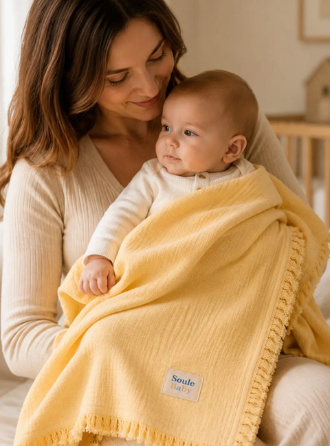 Soule Baby 4 Katlı Premium Organik Müslin Bebek Battaniyesi 100x115 cm Sarı Püsküllü Örtü