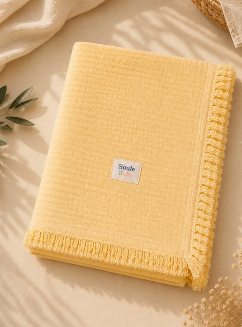 Soule Baby 4 Katlı Premium Organik Müslin Bebek Battaniyesi 100x115 cm Sarı Püsküllü Örtü