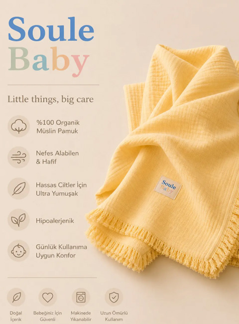 Soule Baby 4 Katlı Premium Organik Müslin Bebek Battaniyesi 100x115 cm Sarı Püsküllü Örtü