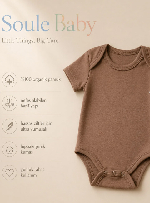 Soule Baby %100 Organik Pamuk 2’li Kısa Kollu Bebek Zıbın Seti – Premium Yumuşak Mocha