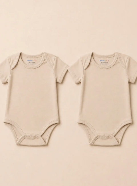 Soule Baby %100 Organik Pamuk 2’li Kısa Kollu Bebek Zıbın Seti – Premium Yumuşak Bej