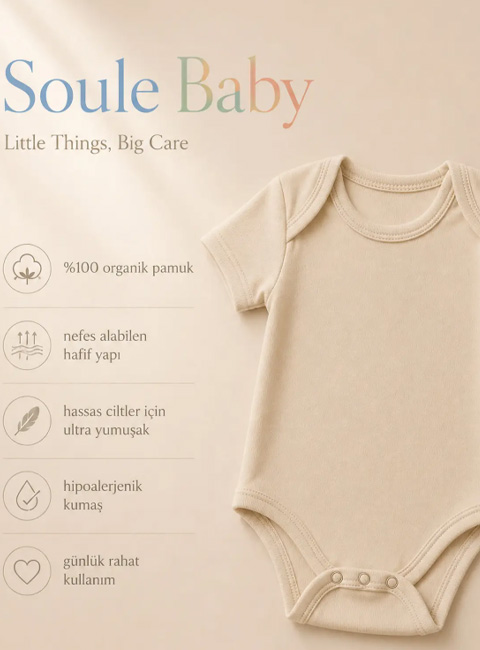 Soule Baby %100 Organik Pamuk 2’li Kısa Kollu Bebek Zıbın Seti – Premium Yumuşak Bej